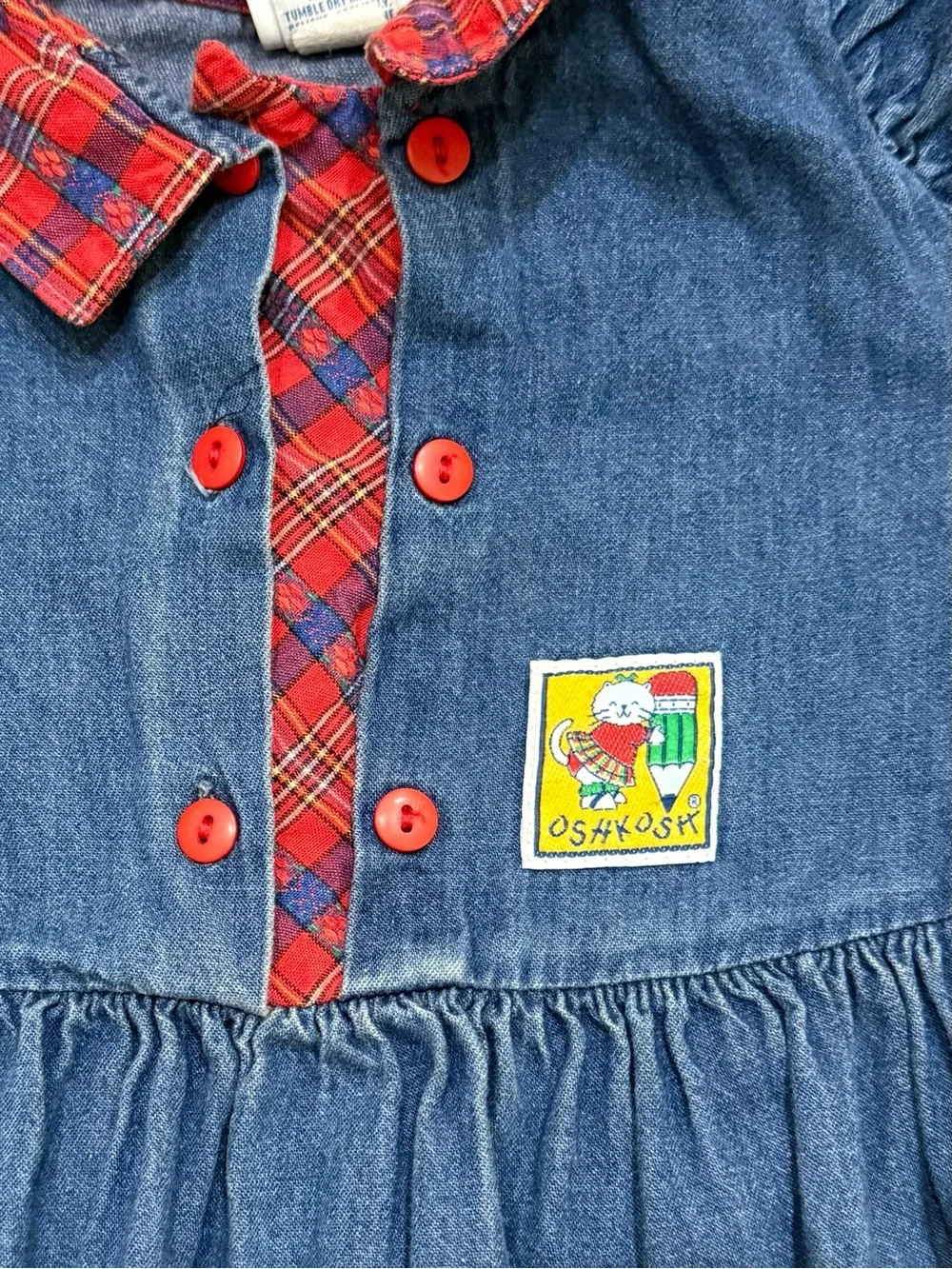 Vintage 80s 90s OSHKOSH Denim Jean Dress Girls Size 5 Plaid Collar MADE IN USA